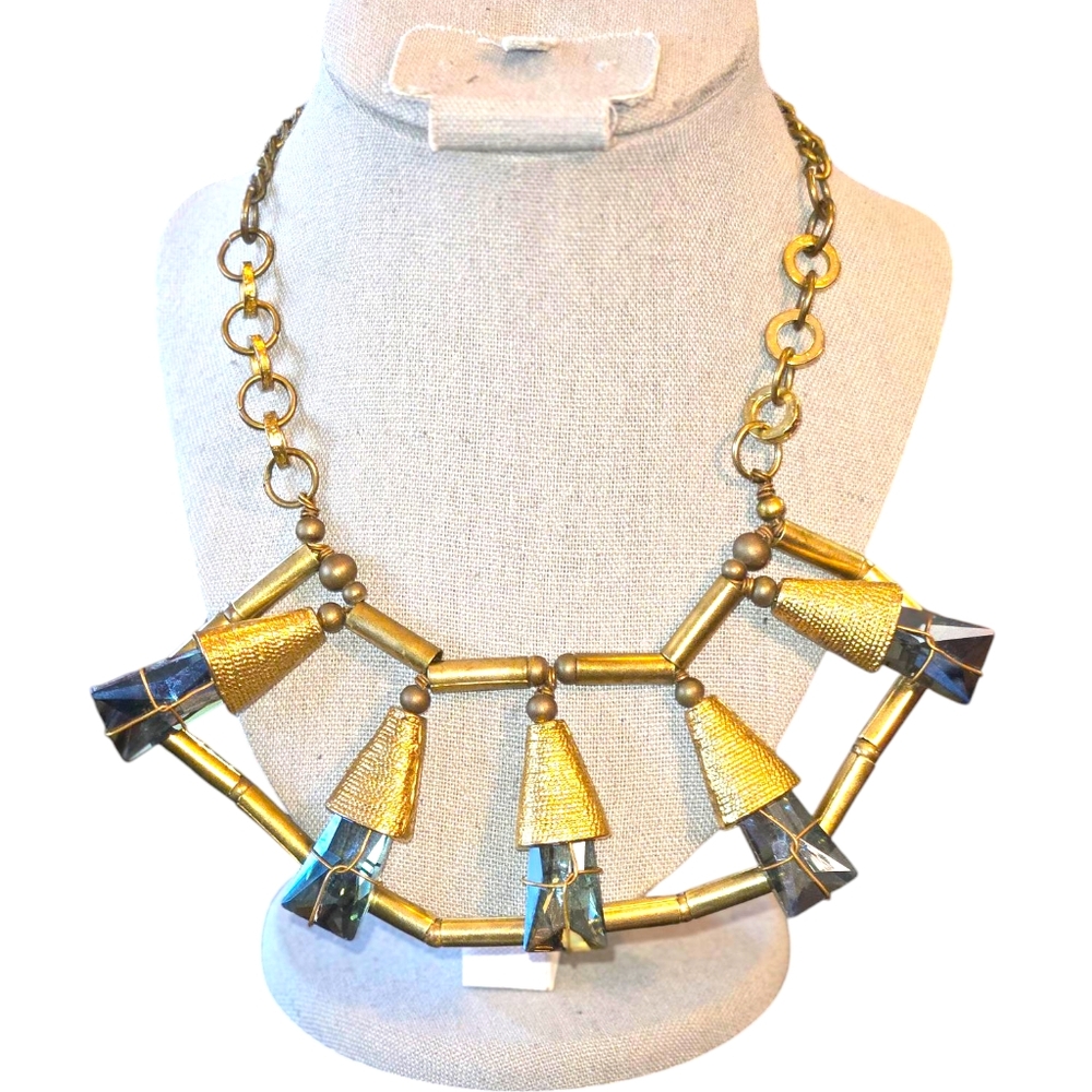 Y2K VTG‎ Pam Hiran for Anthropologie Blue Glass Gold Tone Statement Necklace 24"
